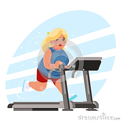 Cute fat woman cardio running treadmill simulator fitness gym run exercise training lose weight concept flat design Vector Illustration