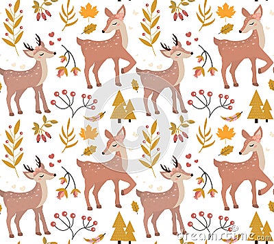 Cute fawn in the autumn forest seamless pattern. repeating texture. Little deer and leaf fall endless background. Vector Vector Illustration