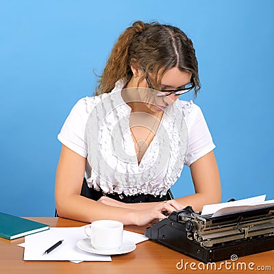 Cute female author with vintage Stock Photo