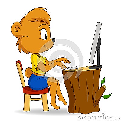 Cute female cartoon bear typing on computer Vector Illustration