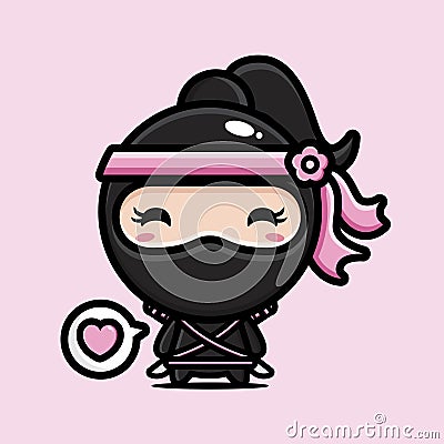 The cute female cartoon character becomes a ninja wearing a ninja costume and carrying a samurai Vector Illustration