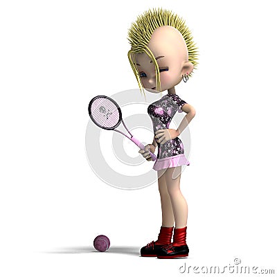 Cute female cartoon punk is a tennis player. 3D Stock Photo