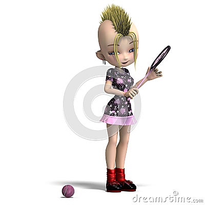 Cute female cartoon punk is a tennis player. 3D Stock Photo