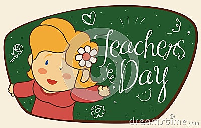 Cute Female Educator with Flower Celebrating Teachers` Day, Vector Illustration Vector Illustration