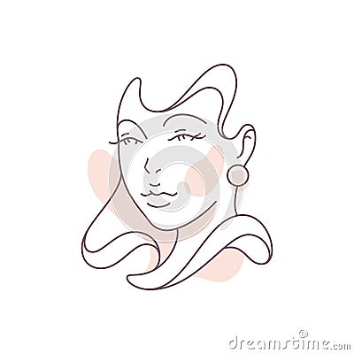 Cute female face silhouette earrings waving hairstyle continuous line art deco icon vector Vector Illustration