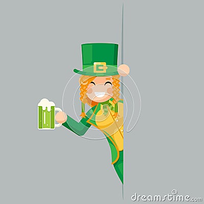 Cute female leprechaun gnome mug of green beer looking out corner saint patrick celebration clover flat design vector Vector Illustration