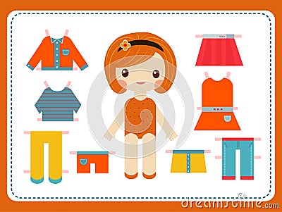 Cute female paper doll with the variety of bright colorful clothes vector illustration. Vector Illustration