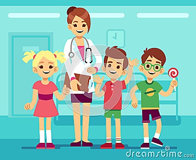 Cute female pediatrician doctor and happy healthy boys and girls in hospital. Childrens healthcare vector concept Vector Illustration