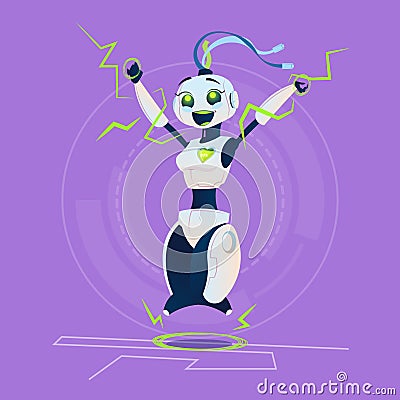 Cute Female Robot Happy Smiling Full Battery Charge Modern Artificial Intelligence Technology Concept Vector Illustration