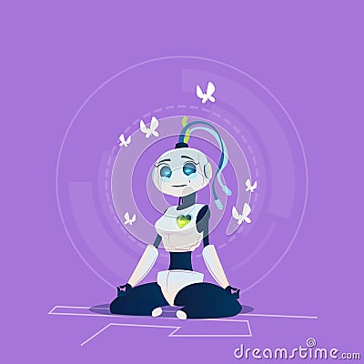 Cute Female Robot Relaxing Meditation Modern Artificial Intelligence Technology Concept Vector Illustration