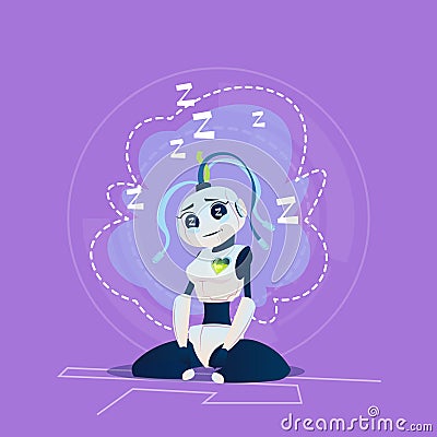 Cute Female Robot Relaxing Sleep Saving Energy Modern Artificial Intelligence Technology Concept Vector Illustration