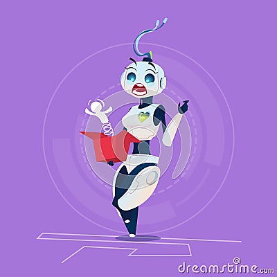 Cute Female Robot Scared Hold Present Box Modern Artificial Intelligence Technology Concept Vector Illustration