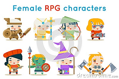 Cute female RPG characters fantasy game isolated icons set flat design vector illustration Vector Illustration