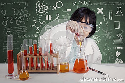 Cute female student doing chemical test Stock Photo