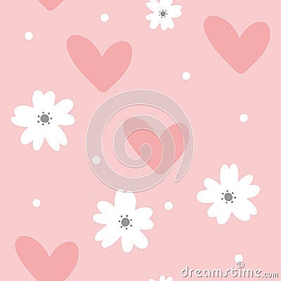 Cute feminine seamless pattern. Cartoon flowers, hearts and dots. Pastel colour. Vector Illustration