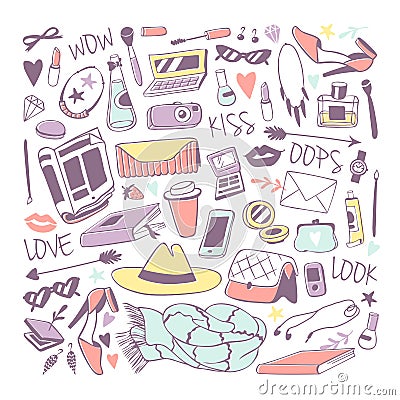 Cute feminine stuff hand drawn vector illustration. Vector Illustration