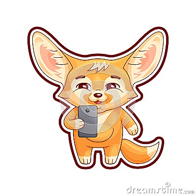 Cute fennec fox with smile speaking or making selfie on smartphone Vector Illustration