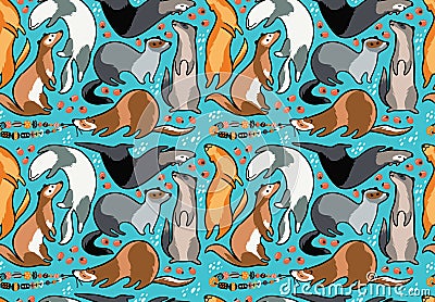 Seamless pattern of cartoon ferrets with beads and berries. Vector illustration Vector Illustration