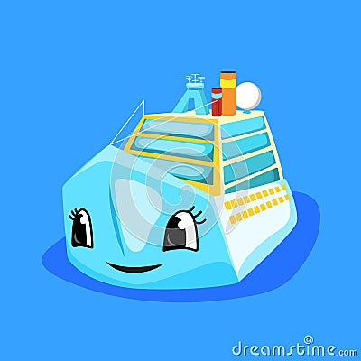 Cute ferry or cruise liner eyes and smile. Marine transport cartoon illustration. Oceanic cruiseliner character Vector Illustration