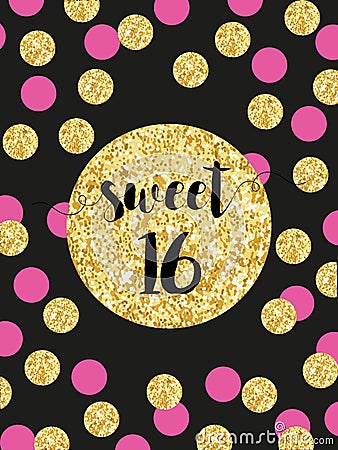 Cute festive bright sweet sixteen card with golden glitter confetti Vector Illustration