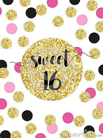 Cute festive bright sweet sixteen card with golden glitter confetti Vector Illustration