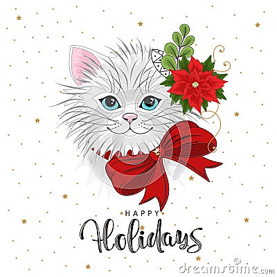 Cute festive cat with the inscription Happy Holidays. Vector Illustration