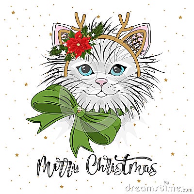 Cute festive cat with the inscription Merry Christmas. Vector Illustration