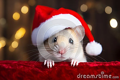 Cute festive Christmas mouse wearing a Santa hat Stock Photo
