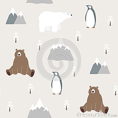 Cute festive Christmas seamless pattern with bear, polar bear, penguin, fir trees and mountains. Hand drawn kids nordic Vector Illustration