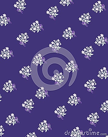 Cute festive floral pattern Small bouquets of light delicate flowers on a violet background Stock Photo