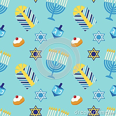 Cute festive seamless pattern Happy Hanukkah in traditional colors Vector Illustration