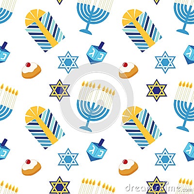 Cute festive seamless pattern Happy Hanukkah in traditional colors Vector Illustration