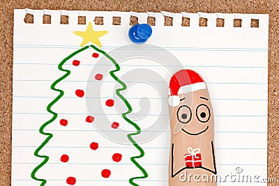 Cute Finger Face Person with Gift by Christmas Tree Stock Photo