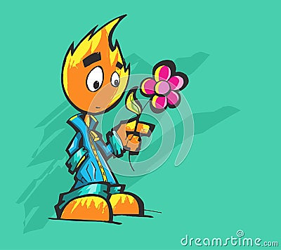 Cute fire giving energy to a plant. Vector Illustration