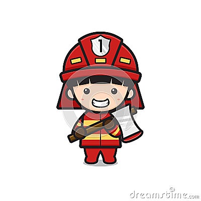 Cute firefighter holding axe cartoon icon vector illustration Vector Illustration