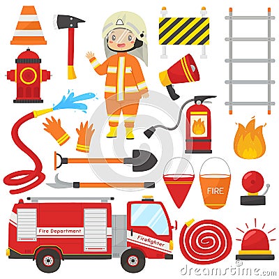 Cute Firefighter with Tools and Equipment Vector Set Vector Illustration