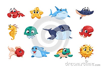 Cute fish. Cartoon funny ocean animals with big eyes and adorable child faces, underwater kids sea fish characters with Vector Illustration