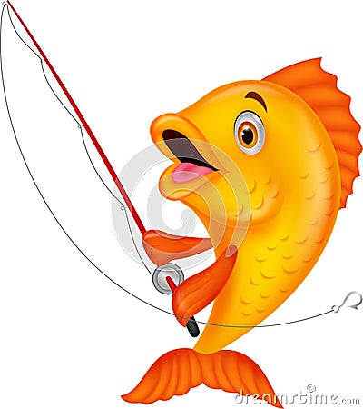 Cute fish cartoon holding fishing rod Vector Illustration