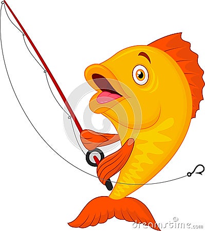 Cute fish holding fishing rod Vector Illustration