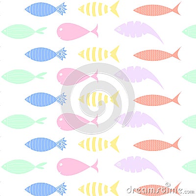 Cute fish icons showing aquatic animals with various fins, scales, tails and gills swimming in water. Good for kids book, fabric o Stock Photo