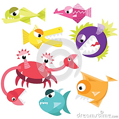 Cute Fish Monster Collection Set Vector Illustration