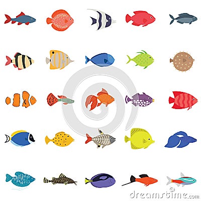 Cute fish vector illustration icons set. Tropical fish, sea fish, aquarium fish Vector Illustration