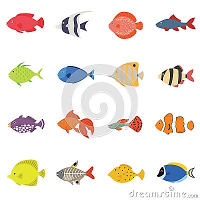 Cute fish vector illustration icons set. Tropical fish, sea fish, aquarium fish set isolated on white background. Vector Illustration