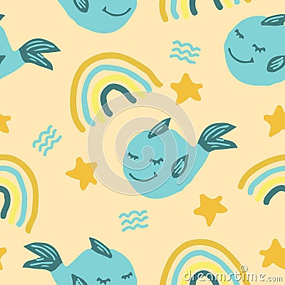Cute fish whale seamless pattern with rainbow, stars, waves. hand drawn. illustration for childrens wallpaper, wrapping paper, Cartoon Illustration