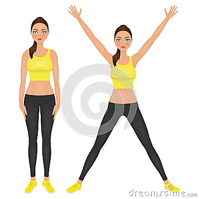 Cute fit girl with hands up. Young woman in yellow leggings and crop top. Character vector illustration. Vector Illustration