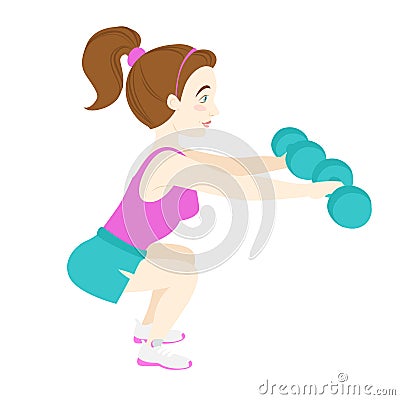 Cute fitness woman squatting with dumb-bells Vector Illustration