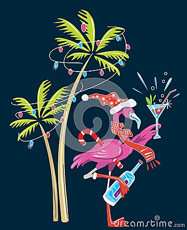 Cute Flamingo Christmas New Year illustration Vector Illustration