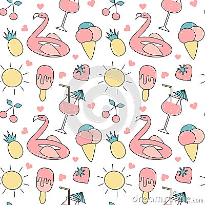 Cute flamingo float seamless vector pattern background illustration with ice cream, drinks, strawberries, pineapple, cherries, sun Vector Illustration