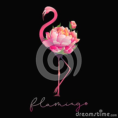 Cute flamingo with floral bouquet print Vector Illustration