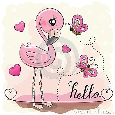 Cute Flamingo with hearts and butterflies Vector Illustration